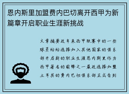恩内斯里加盟费内巴切离开西甲为新篇章开启职业生涯新挑战