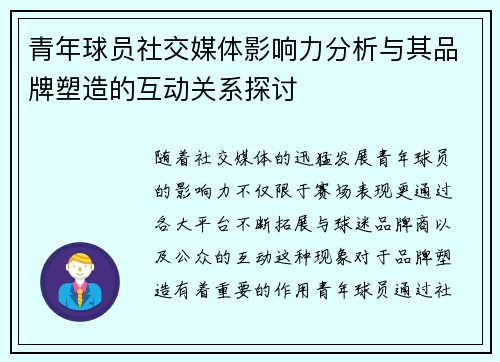 青年球员社交媒体影响力分析与其品牌塑造的互动关系探讨
