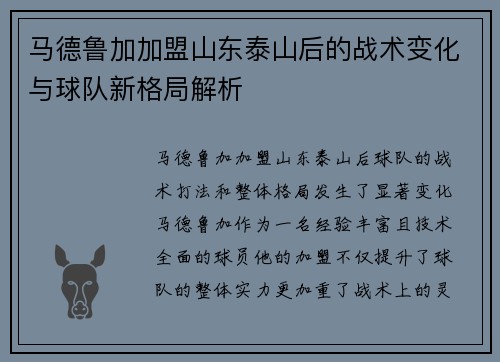 马德鲁加加盟山东泰山后的战术变化与球队新格局解析