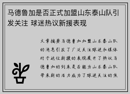 马德鲁加是否正式加盟山东泰山队引发关注 球迷热议新援表现